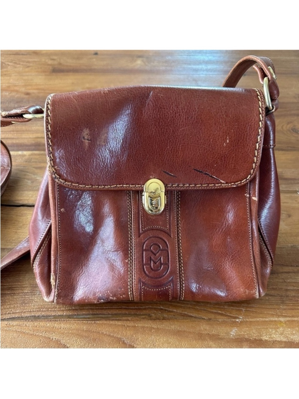 Vintage Marino Orlandi Italian Leather Crossbody Satchel Cognac Brown Bag